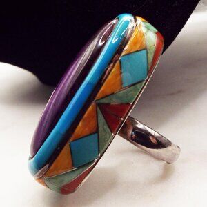 KEE JOHN NAVAJO MULTICOLORED STONES  STERLING INLAY HUGE WOW! SZ 6.5 RING BRD
